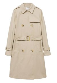Beżowy płaszcz trench w wodoodpornym materiale, z podwójnym zapięciem na guziki, złotymi guzikami, paskiem oraz regulowanymi mankietami.