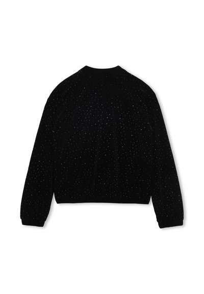 Zwarte fluwelen cropped sweatshirt met lange mouwen, voorzien van verspreide zilveren studs in een stippenpatroon. Ribgebreide manchetten en halslijn.