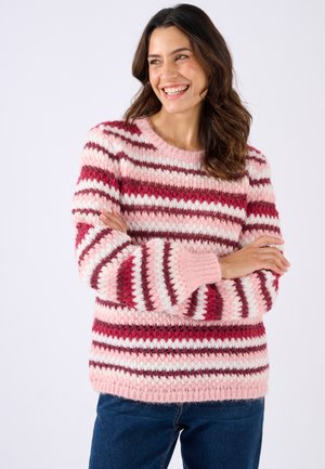 Pull à rayures avec des motifs rose, blanc et bordeaux, fabriqué en tricot doux et texturé. Encolure ronde et poignets côtelés.