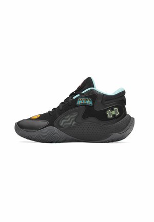 Schwarze Sportschuhe mit strukturiertem Obermaterial, türkisfarbigen Akzenten und auffälligem Branding. Verfügt über einen gepolsterten Schaft und eine Gummisohle mit Grippattern.