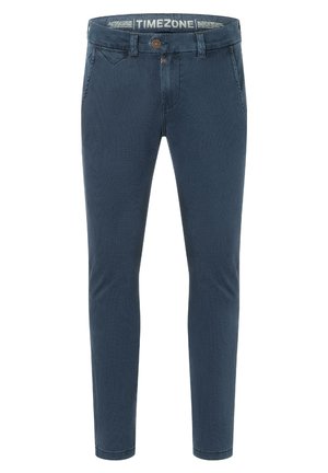 Denim-Chinos in Dunkelblau mit Knopfverschluss, fünf Taschen und einem dezenten Strukturmuster auf dem Stoff. Gerades Bein Design.