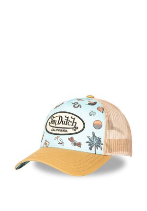 Gorra Von Dutch California con panel frontal azul claro con iconos tropicales y retro, parte trasera de malla color tostado y visera curvada color mostaza.