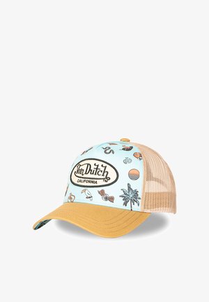 Gorra Von Dutch California con panel frontal azul claro con iconos tropicales y retro, parte trasera de malla color tostado y visera curvada color mostaza.