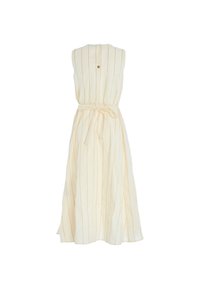 Abito senza maniche color crema con strisce verticali beige, vita cinchata e fiocco. Presenta un colletto rotondo e una discreta cerniera sul retro.