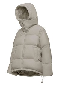 Beige pufferjack met een capuchon, voorzien van een ritssluiting, twee grote voorke pockets en een elastische trekkoord aan de onderkant. Soepele buitenkant.