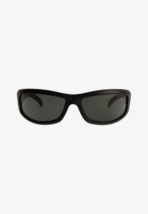 Czarne prostokątne okulary przeciwsłoneczne z grubymi oprawkami i ciemnymi przyciemnianymi soczewkami, przedstawione na białym tle.