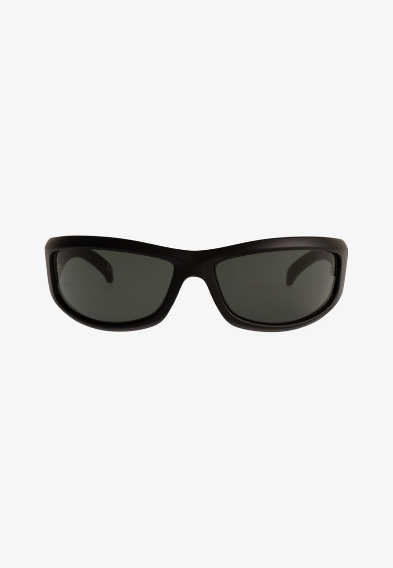 Lunettes de soleil rectangulaires noires avec des montures épaisses et des verres teintés sombres, présentées sur un fond blanc.