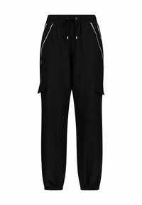 Pantalon cargo noir avec taille élastique, cordon de serrage, poches latérales avec bordure blanche, poches à rabat sur les cuisses et poignets élastiques aux chevilles.