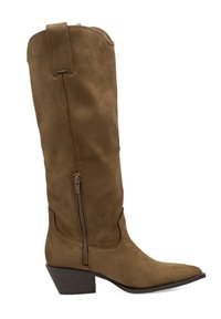 Botas altas de ante marrón con punta afilada, cremallera lateral y tacón apilado. Presentan costuras simples y una textura suave.