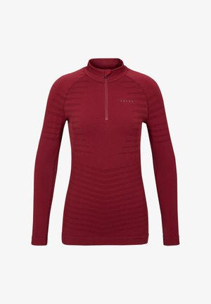 Rode top met lange mouwen en een ritssluiting bij de hals, met een gestructureerd patroon en een aansluitend model. Gemaakt van een rekbare, lichtgewicht stof.