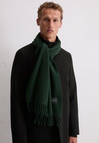 Sciarpa verde scuro realizzata in tessuto morbido, con dettagli frangiati alle estremità e un piccolo etichetta con il logo. Abbinata a un cappotto nero.