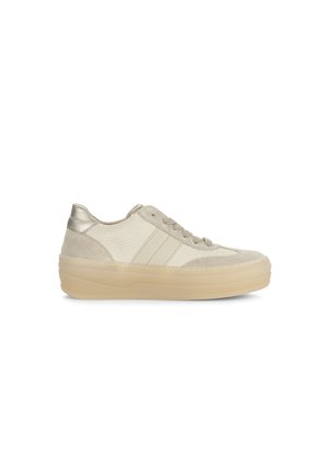 Cream and beige low-top sneaker with mesh and suede panels, lace-up front, and thick beige rubber sole.