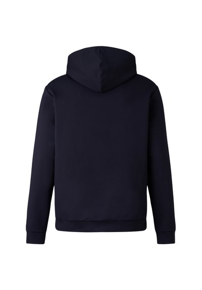Navy blue hoodie made of soft fabric, featuring a kangaroo pocket, ribbed cuffs, and an adjustable drawstring hood. Plain back design.