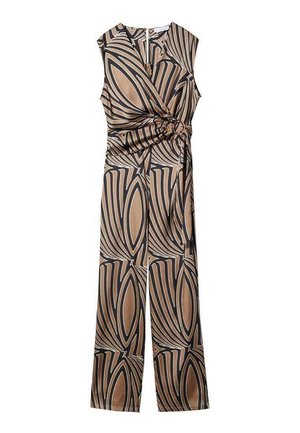 Bedruckter Jumpsuit in Brauntönen und Schwarz, mit einem verdrehten Frontdetail und weitem Bein, aus einem glatten, leichten Stoff.