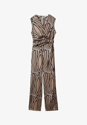 Trykt jumpsuit i nuancer af brun og sort, med en snoet frontdetalje og brede ben, lavet af et glat, let materiale.