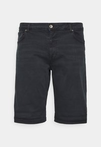 Czarne szorty dżinsowe o standardowym kroju, z pięcioma kieszeniami i podwiniętym dołem. Posiadają gładką powierzchnię oraz metalowe zapięcie na guzik.