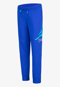 Modré joggingové tepláky s elastickým pasem, šňůrkami, bočními kapsami a tyrkysovým sportovním logem s textem "Flight" na pravé noze.