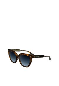 Occhiali da sole tortoiseshell marroni con una grande montatura a occhio di gatto, lenti blu sfumate e accenti dorati sulle tempie. Logo del marchio visibile sul lato.
