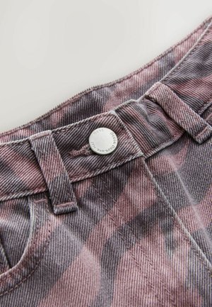 Purple and gray plaid denim fabric featuring a metal button closure, belt loops, and detailed stitching at the waistband and pockets.
