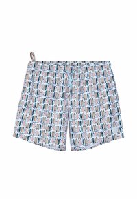 Costumi da bagno con un motivo astratto multicolore su uno sfondo azzurro chiaro. Realizzati in un tessuto leggero con vita elastica e cordoncino.