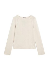 Jasno beżowy sweter z długim rękawem, okrągłym dekoltem, prążkowanymi wykończeniami i teksturowanym splotem. Boczny rozcięcia na dole dla większej swobody.