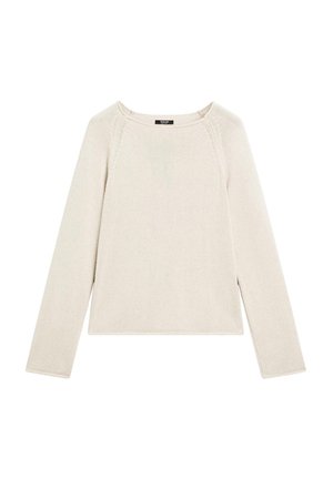 Lys beige langærmet sweater med rund halsudskæring, ribbet kant og struktureret strik over det hele. Sidemener i kanten for nem bevægelse.