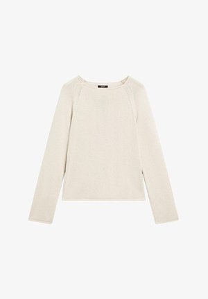 Pull long beige clair à manches longues, avec un col rond, des bordures en côtes et un tricot texturé sur l'ensemble. Fentes latérales à l'ourlet pour plus de confort.