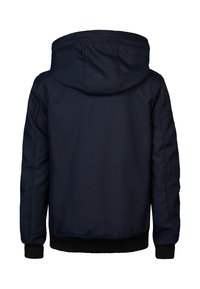 Námořnická modrá kapuce s elastickými manžetami a pasem, s hladkým povrchem a detaily šití. Pohled zezadu bez grafiky nebo ozdob.