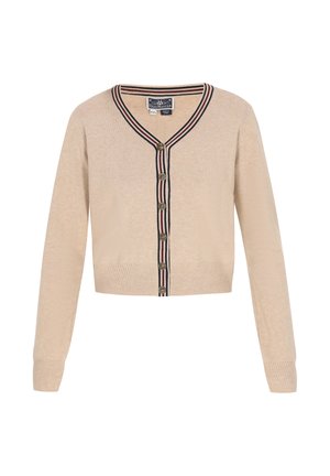 Beige cropped cardigan met een V-hals, knoopsluiting aan de voorkant en contrasterende donkere strepen langs de kraag en knoopsluiting. Zachte textuur.