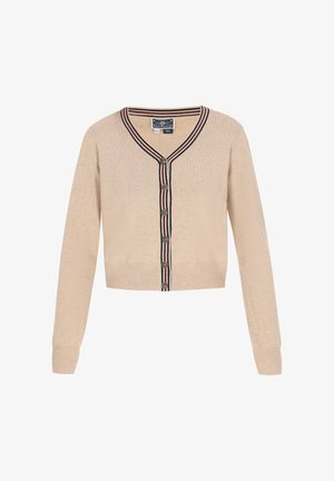 Beige verkürzter Cardigan mit V-Ausschnitt, durchgehender Knopfleiste und kontrastierenden dunklen Streifen entlang des Kragens und der Knopfleiste. Weiche Textur.