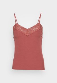 Top a canottiera a coste color rosa polveroso con dettagli in pizzo sul collo, dotato di sottili spalline regolabili e una silhouette aderente.