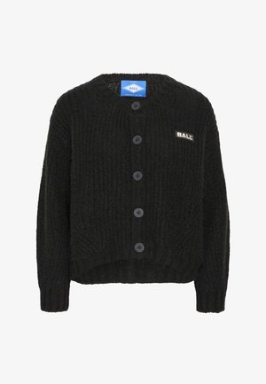 Melna adīta kardigāna ar apaļu kakla izgriezumu, piecu pogu aizdari un logotipa uzlīmi kreisajā krūtī. Mīksta tekstūra un ribotie maliņas detaļas.