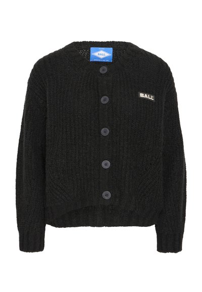 Cardigan negru tricotat cu guler rotund, închidere cu cinci nasturi și patch cu logo pe partea stângă a pieptului. Textură moale și detalii cu tiv ondulat.