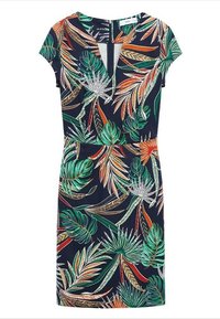 Šaty s krátkým rukávem v námořnické modři s živým, pestrým tropickým listovým vzorem, s přiléhavým pasem a zapínáním na zip na zádech.