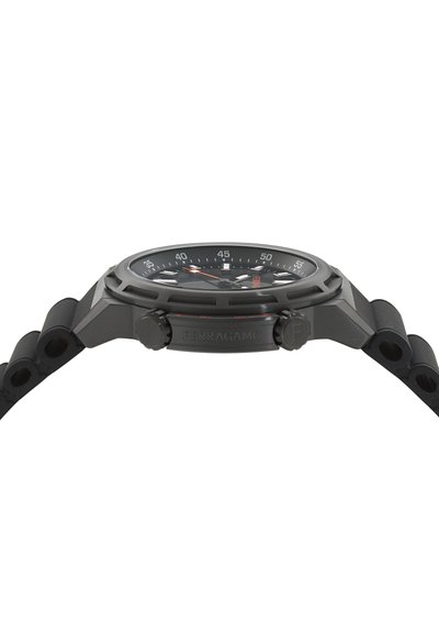 Black analog wristwatch featuring a rubber strap, multi-layered dial, and prominent pushers. Textured accents and bold hour markers included.