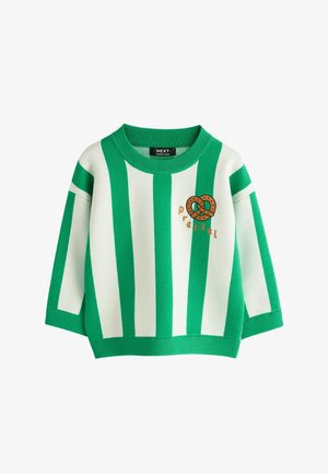 Pulover cu dungi verzi și albe, cu guler rotund, mâneci largi și un design brodat cu covrig pe partea din față. Textură moale, tricotată.