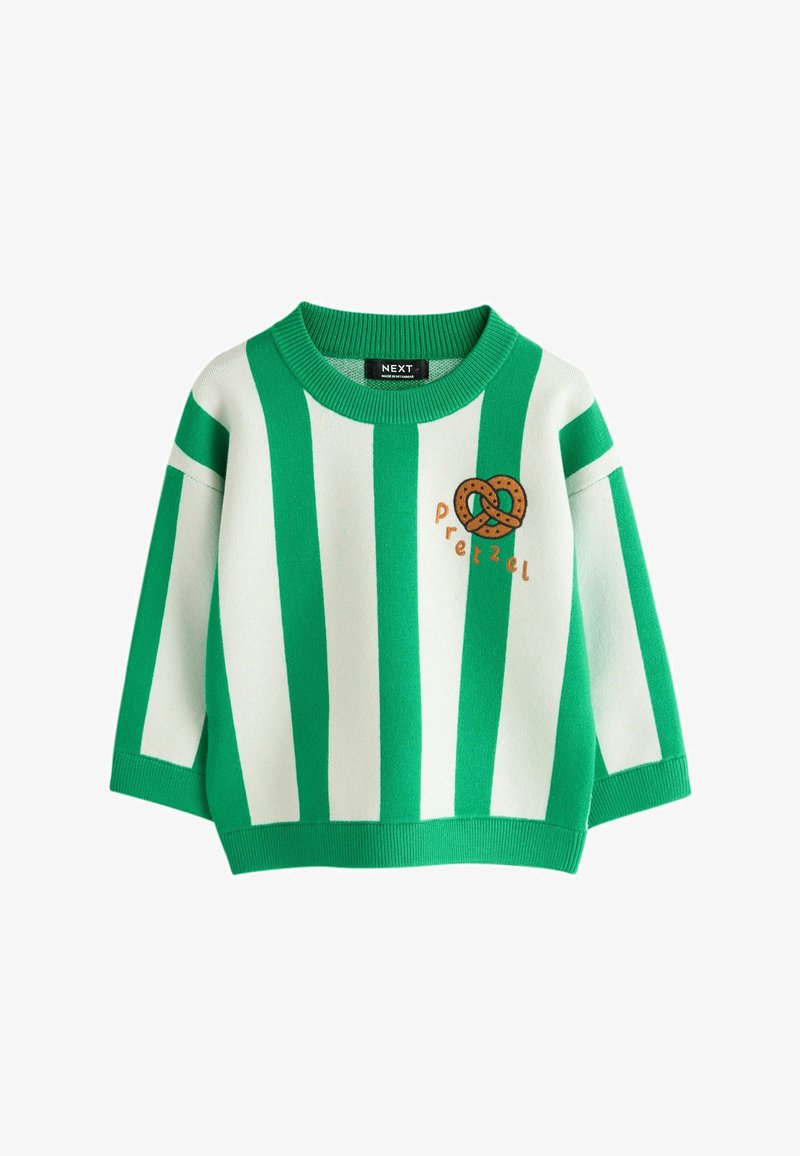 Pull rayé vert et blanc avec un col rond, des manches surdimensionnées, et un motif de bretzel brodé sur le devant. Texture en maille douce.
