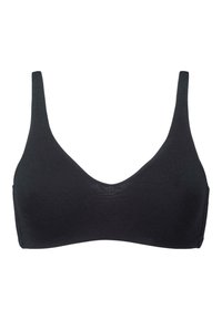 Zwarte beha met een stevige textuur, diepe scoop halslijn en brede bandjes. Naadloos ontwerp zonder zichtbare hardware of versieringen.