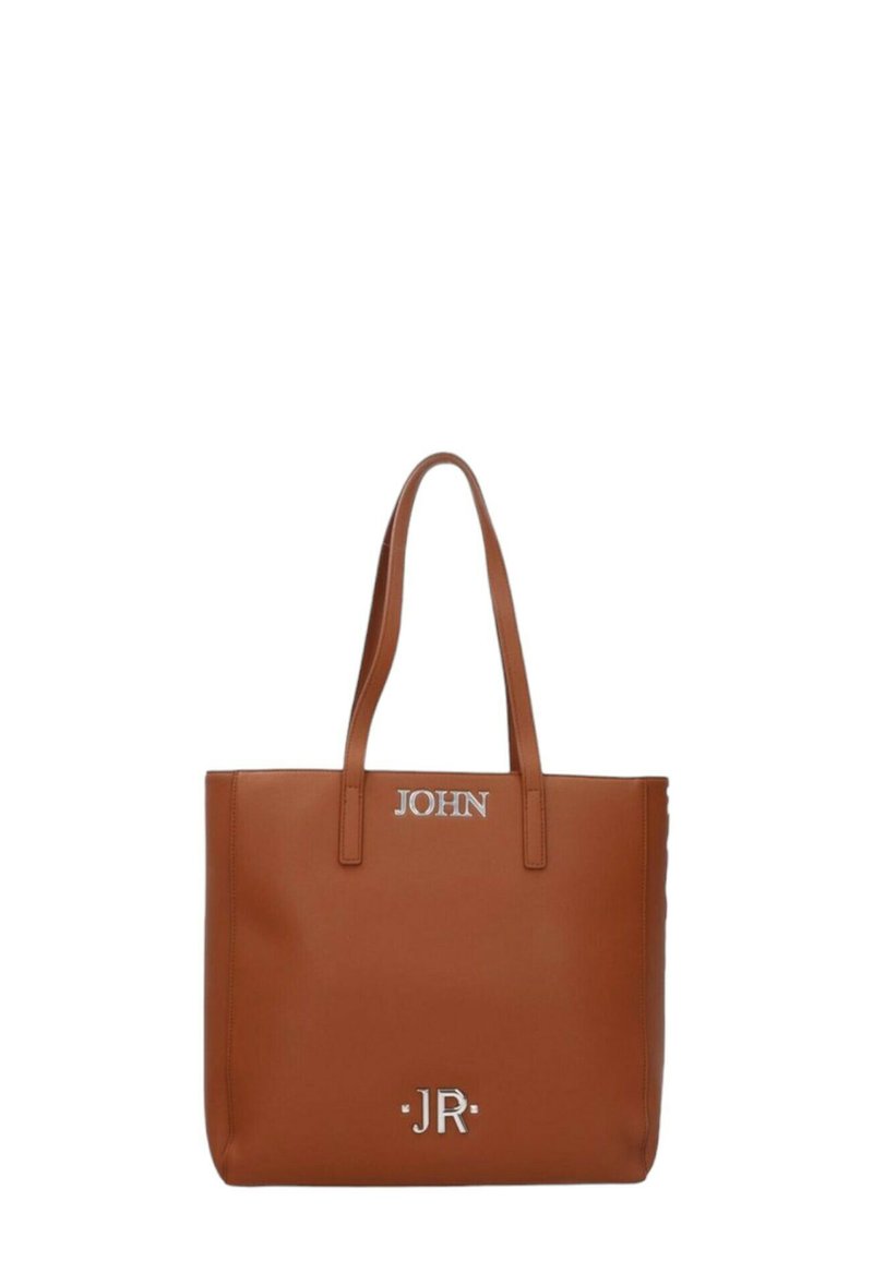 Borsa tote in pelle marrone con due manici. Presenta la scritta metallica "JOHN" e "JR" in argento sulla parte anteriore. Texture liscia, forma rettangolare.