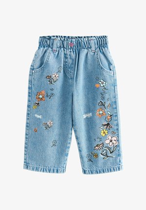 Svetlo modri denim kratke hlače z razgibanim krojem, okrašene s cvetličnim vezenjem v različnih barvah, z raztegnjenimi detajli in elastičnim pasom.