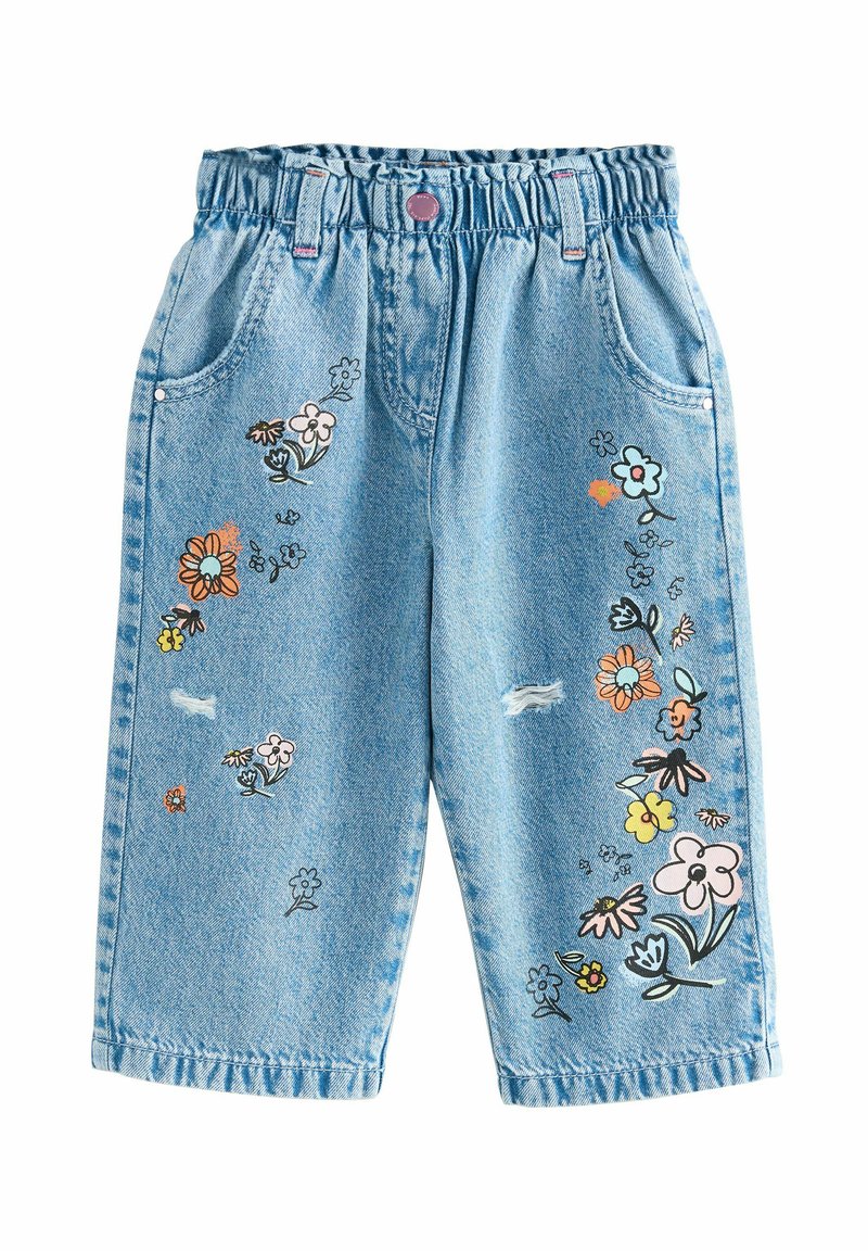 Hellblaue Denim-Shorts mit einem elastischen Bund, verziert mit floralen Stickereien in verschiedenen Farben und einem used Look an der Vorderseite.