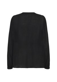 Black long-sleeve blouse with a lightweight, sheer fabric. Features a rounded neckline and gathered detailing at the cuffs.