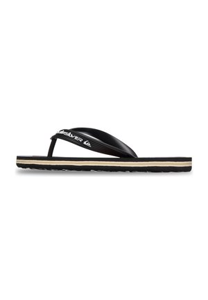 Schwarz-beige Flip-Flop-Sandale mit strukturierter Sohle und markiertem Quiksilver-Riemen, seitlich auf weißem Hintergrund gezeigt.