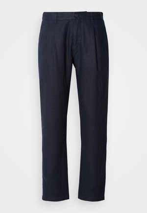 Dark navy linen trousers with front pleats, waistband with belt loops, and a single-button closure.