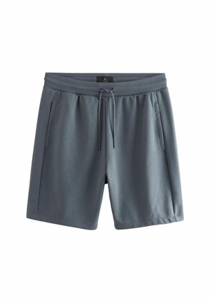 Pantalones cortos deportivos grises hechos de una tela suave con una cintura elástica, cierre de cordón y bolsillos laterales. Textura lisa con costuras limpias.