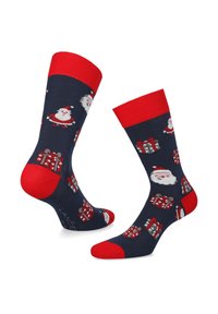 Granatowe skarpetki z czerwonymi mankietami, z grafiką Świętego Mikołaja i prezentów. Wykonane z elastycznego materiału o gładkiej fakturze.