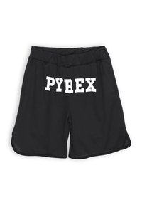Pantaloni sportivi neri con texture a rete, caratterizzati da un logo bianco "PYREX" sul davanti. Vita elastica e fessure laterali all'orlo.