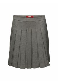 Jupe plissée grise avec petit motif géométrique et étiquette rouge Esprit New York à la taille, longueur genou.