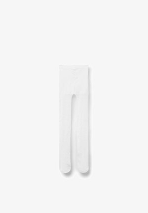 Collants opaques blancs présentés à plat avec une taille haute et des jambes longues sur fond blanc.