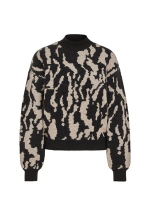 Pull en tricot avec un col haut, un design imprimé animal noir et beige, et des poignets et un bas côtelés pour une finition texturée.